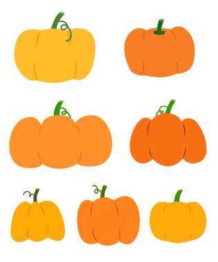 Cadılar bayramı, sonbahar, festival ve illüstrasyon için çeşitli balkabağı grafikleri. düz dizayn