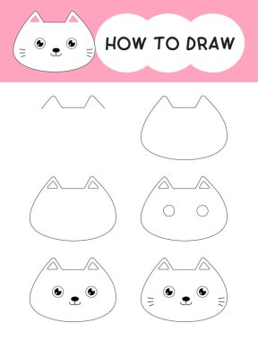 Öğrenmek, çocuk, eğitim, boyama kitabı için adım adım kedi yüzü çizmeyi. Vektör illüstrasyonu