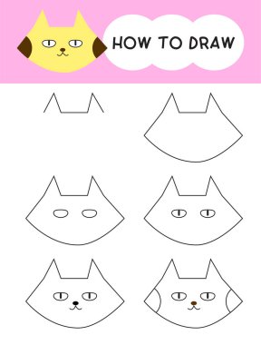 Öğrenmek, çocuk, eğitim, boyama kitabı için adım adım kedi yüzü çizmeyi. Vektör illüstrasyonu