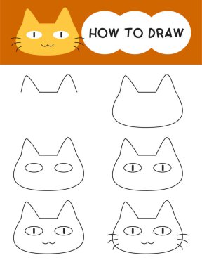 Öğrenmek, çocuk, eğitim, boyama kitabı için adım adım kedi yüzü çizmeyi. Vektör illüstrasyonu