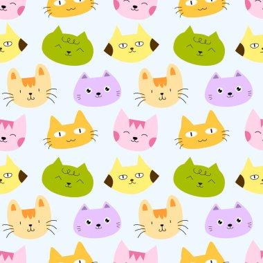 Kedi yüzlü çizgi film karakteri duvar kağıdı ve ambalaj için kusursuz desen arkaplanı