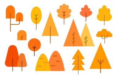 Çeşitli sonbahar ağaçları ve yapraklar. Simge ögesi ve illüstrasyon için mevsimlik ve tatil