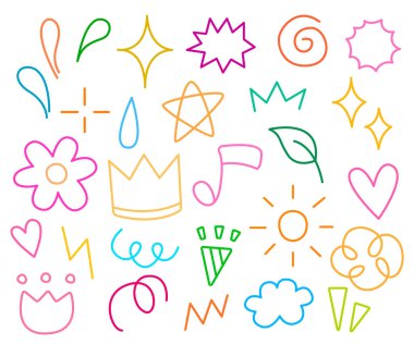 Karalama ve soyut el çizimi çizimi renkli çizgiler, evlat. Güneş çiçeği yıldız müzik partisi.