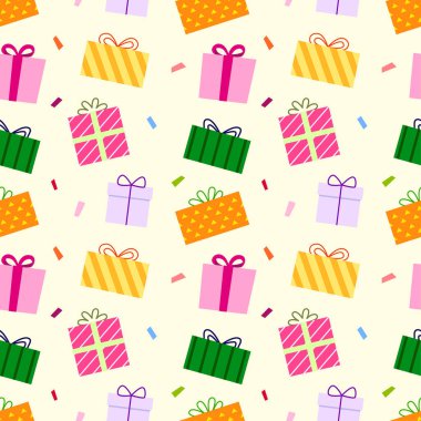 Paketleme, illüstrasyon, şenlik, noel ve yeni yıl için kusursuz desenli kurdele desenli hediye kutusu