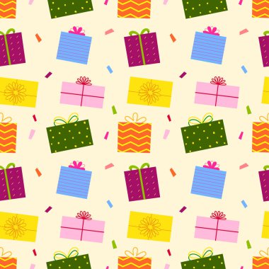 Paketleme, illüstrasyon, şenlik, noel ve yeni yıl için kusursuz desenli kurdele desenli hediye kutusu