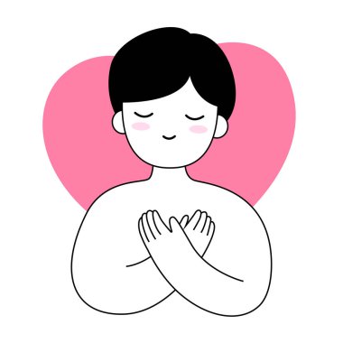Man or boy hug himself cartoon. Mental health and love yourself concept for medical, healthy and illustration