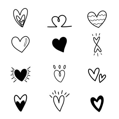 Kalp ve aşk el çizimi. Element, illüstrasyon, sevgililer günü ve kutlama için. Farklı şekiller