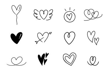 Kalp ya da aşk karikatür eli siyah çizgili element, illüstrasyon, sevgililer günü kartı ve sevgili için. Farklı şekiller