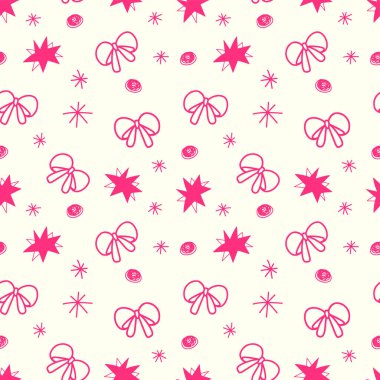 Paketleme, hediye, güzellik, güzellik, güzellik, güzellik, moda ve illüstrasyon için soyut karalama el çizimi yay ve kurdele desensiz arkaplan