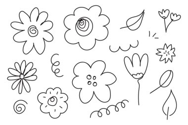 Çizim, doğa ve element için soyut karalama çiçeği veya çiçekli el çizimi