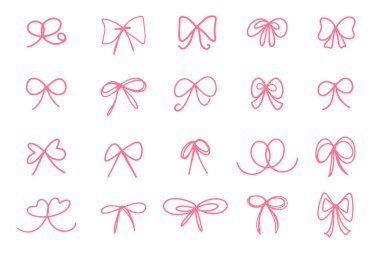 Karalama, element, hediye, kutlama ve illüstrasyon için çizilmiş çeşitli soyut fiyonklar veya kurdeleler