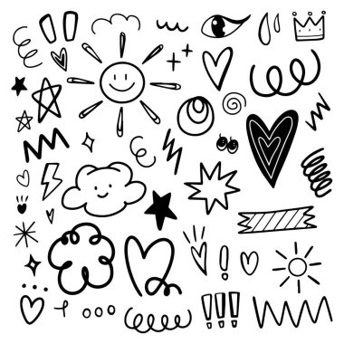 Element ve illüstrasyon için siyah çizgi ile çizilmiş soyut, şirin karalama çizim el