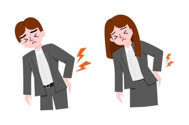 Kadın ve erkek ofis sendromu. Sağlık ve ofis çalışanı konsepti. Çizim ve karakter tasarımı 