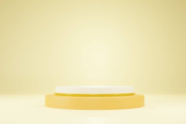 3D yorumlama, podyum sarı arka plan. Boş ürün rafı ayakta duruyor