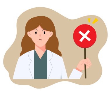 Kadın doktor çizgi filmi tavsiye, tıbbi, hastane ve illüstrasyon için hayır ya da yanlış işaret gösteriyor.