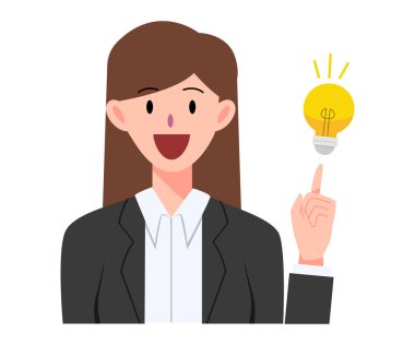 İş kadını ya da ofis çalışanı iş ve illüstrasyon için ampulle fikir edinir. Karakter tasarımı