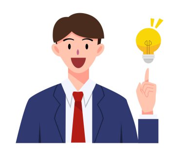 İş adamı ya da ofis çalışanı iş ve illüstrasyon için ampulle fikir edinir. Karakter tasarımı