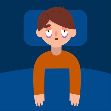 Yatakta acı çeken erkek ya da erkek çizgi filmi uyuyamıyor. Uykusuzluk ve uykusuzluk. Ruh sağlığı konsepti