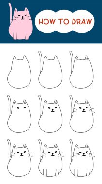Öğrenme, çizim, anaokulu, eğitim ve boyama kitabı için adım adım pofuduk kedi çizgi filmlerinin nasıl çizileceğini 