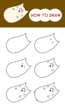 Öğrenme, çizim, anaokulu, eğitim ve boyama kitabı için adım adım pofuduk şişman kedi çizgi filmlerinin nasıl çizileceğini 