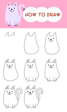 Öğrenme, çizim, anaokulu, eğitim ve boyama kitabı için adım adım kedi çizgi filmi çizmek 