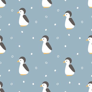 Penguen çizgi filminin ambalaj, kış, tatil, hediye ve duvar kağıdı için kusursuz desenli arka planı