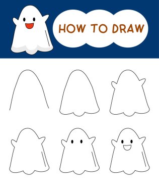 Cadılar Bayramı çizgi filminin adım adım nasıl çizileceğini öğrenme, anaokulu, eğitim, çizim ve boyama için.