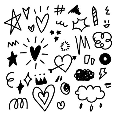 Element ve illüstrasyon için çizilmiş soyut karalama el. Çeşitli yıldız ve kalbin elementleri
