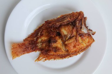 Beyaz bir tabakta kızarmış kırmızı tilapia balığı, beyaz arka planda izole edilmiş.