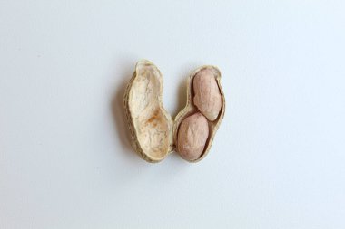 Pişmiş yer fıstığı, yer fıstığı ya da maymun fındığı, ya da Arachis hipogaea. Düz ya da üst görünüm. Beyaz arkaplanda izole