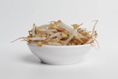 Mung fasulyesi filizleri, küçük beyaz tabağın içinde. Beyaz arkaplanda izole