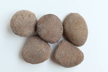 Endonezya mutfağında baharat olarak kullanılan kurutulmuş Pangium edule tohumu yiyeceği daha koyu ya da siyah yapar. Beyaz arka planda izole edilmiş. Düz ya da üst görünüm