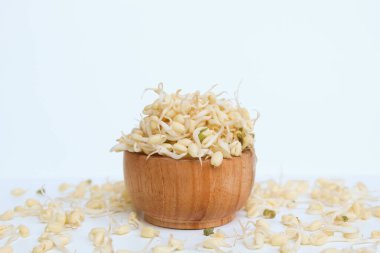 Mung fasulyesi filizleri, ahşap kasede. Beyaz arkaplanda izole