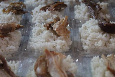 White rice and some slice of chicken, on plastic container, to be distributed clipart