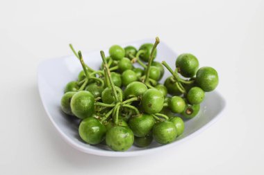 Solanum nigrum meyvesi, Avrupa siyah itüzümü veya leunca, beyaz arka planda izole edilmiş beyaz bir kasede.