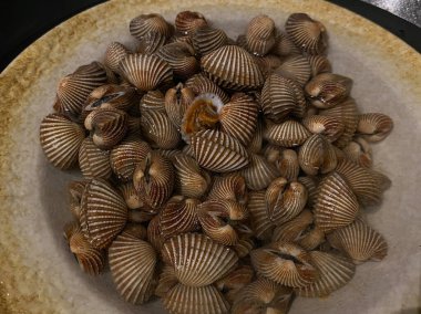 Buharda pişmiş Tegillarca granosa, Anadara granosa, gemi midyesi, kan midyesi veya kan midyesi, bir tabakta