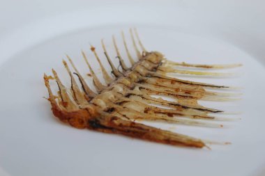 Beyaz tabakta beyaz arka planda izole edilmiş bir Gourami balık kemiği.