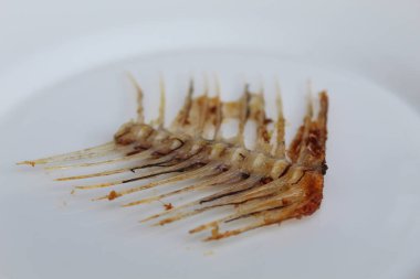 Beyaz tabakta beyaz arka planda izole edilmiş bir Gourami balık kemiği.