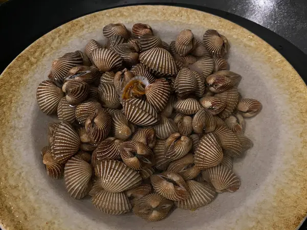 Buharda pişmiş Tegillarca granosa, Anadara granosa, gemi midyesi, kan midyesi veya kan midyesi, bir tabakta