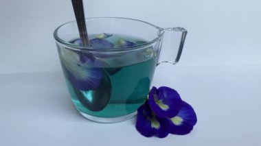 Kelebek bezelye çiçeği çayı ya da klitoria ternatea kaşığı. Şeffaf camın içinde, beyaz arkaplanda izole edilmiş.