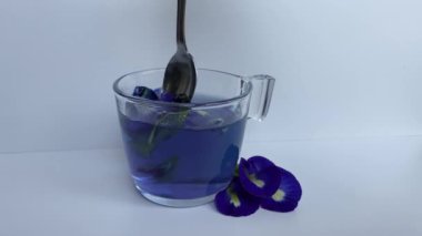 Kelebek bezelye çiçeği çayı ya da klitoria ternatea kaşığı. Renk maviden mora değişir. Şeffaf camın içinde, beyaz arkaplanda izole edilmiş.