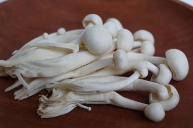 Bir grup bunapi shimeji, ya da beyaz kayın, ya da beyaz midye mantarı, ahşap arka planda