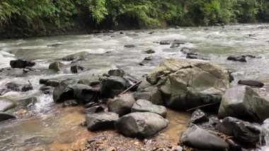 Ciujung Nehri 'nin kıyısından, Batı Java, Endonezya' dan sakin bir manzara. Yeşil su büyük kayalar arasında akar. Çevreleyen yeşil orman