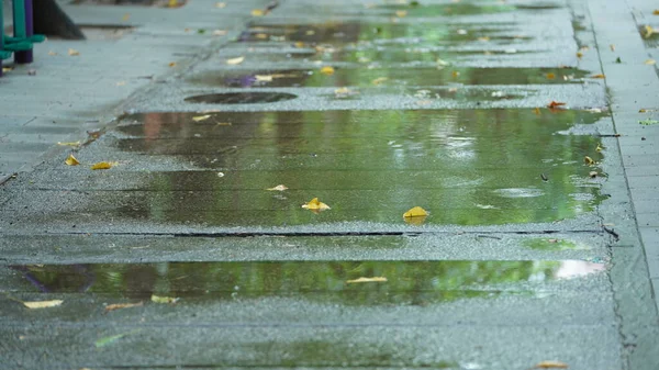 Deštivý Den Pohled Městě Mokré Silnici Deštivé Kapky Dolů — Stock fotografie