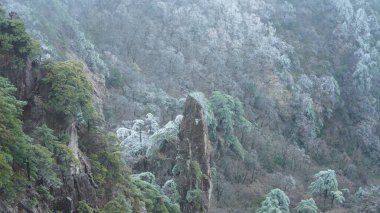 Güzel donmuş dağlar, kışın beyaz kar ve buzla kaplı görünür.