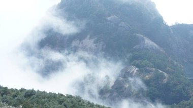 Yeşil ormanlı güzel dağlar ve püsküren kaya uçurumları Çin 'in kırsal kesimlerinde arka plan olarak kullanılıyor.