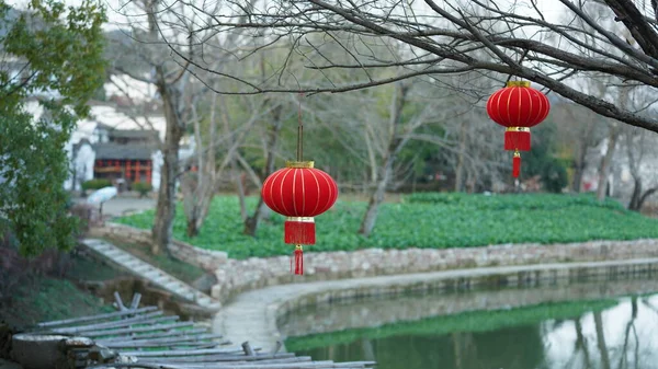 Rode Chinese Lantaarn Opknoping Tijdens Het Festival Dagen Voor Goede — Stockfoto