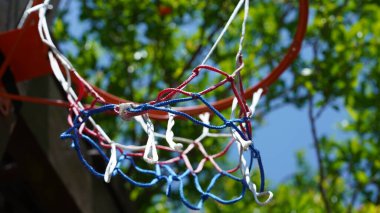 Bahçede arka planda yeşil ağaç ve mavi gökyüzü olan basket potası manzarası