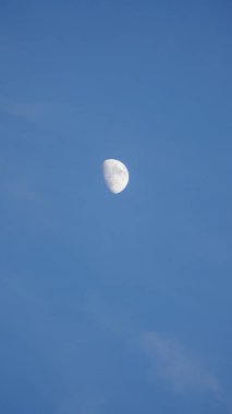 Mavi gökyüzü manzaralı, gökyüzünde beyaz ay kıvrımlı.