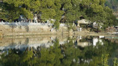Eski köy binalarının Çin 'in güneyindeki suda yansıdığı güzel kırsal manzara.